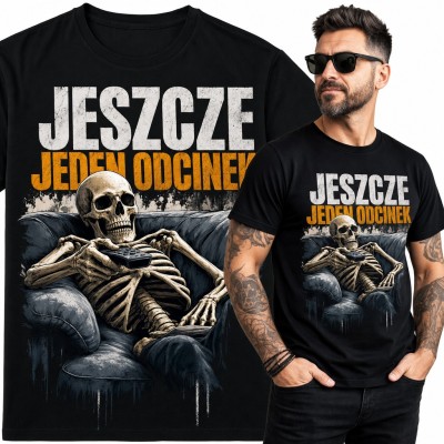 Koszulka męska „Jeszcze jeden odcinek” - szkielet z pilotem na kanapie dla fana seriali