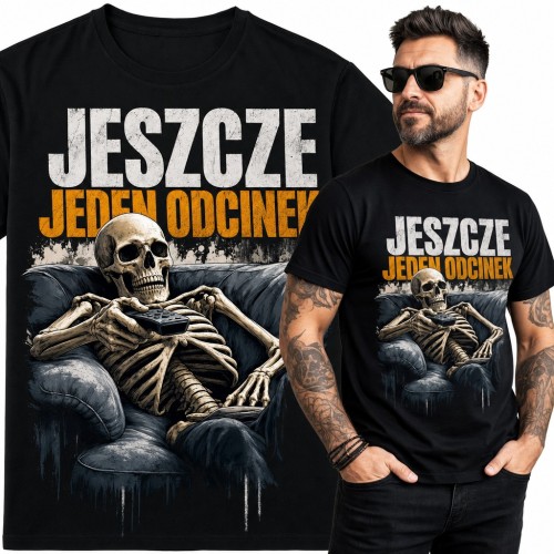 Koszulka męska „Jeszcze jeden odcinek” - szkielet z pilotem na kanapie dla fana seriali