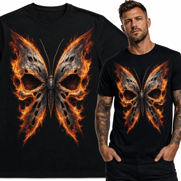Koszulka męska płonący motyl z czaszką w skrzydłach