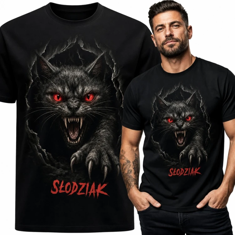 Koszulka męska „Słodziak” - wściekły czarny kot z czerwonymi oczami