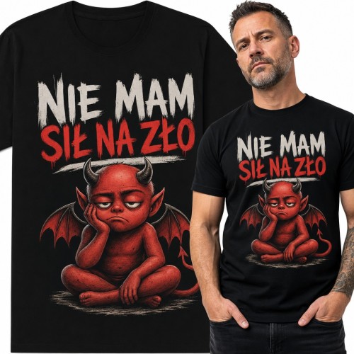 Koszulka męska „Nie mam sił na zło” - zmęczony diabełek z rogami