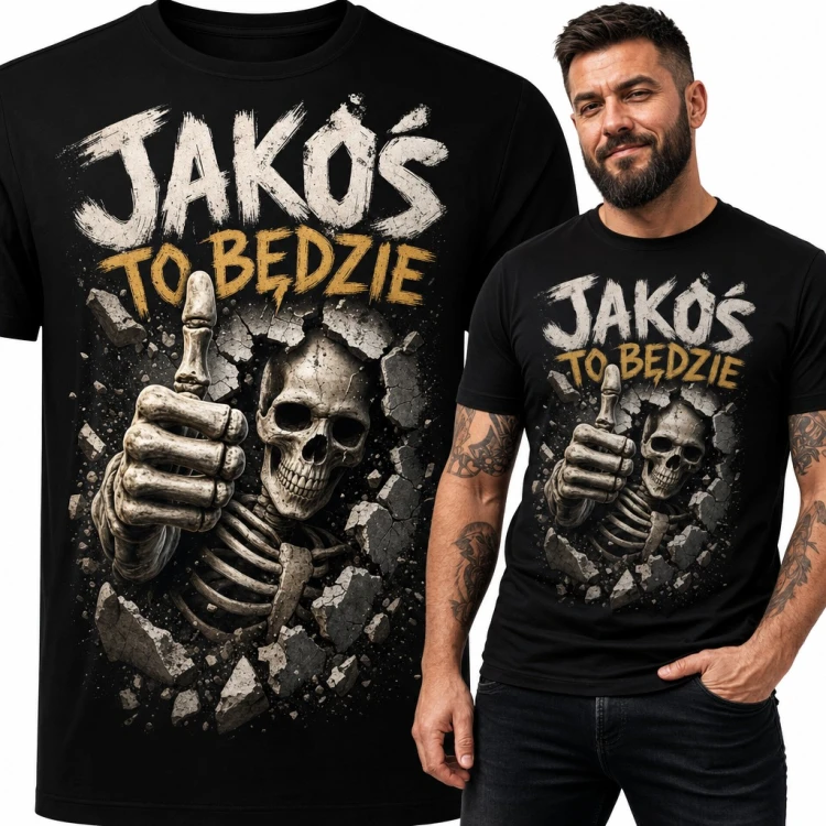 Koszulka męska „Jakoś to będzie” - szkielet z kciukiem w górę i czaszka