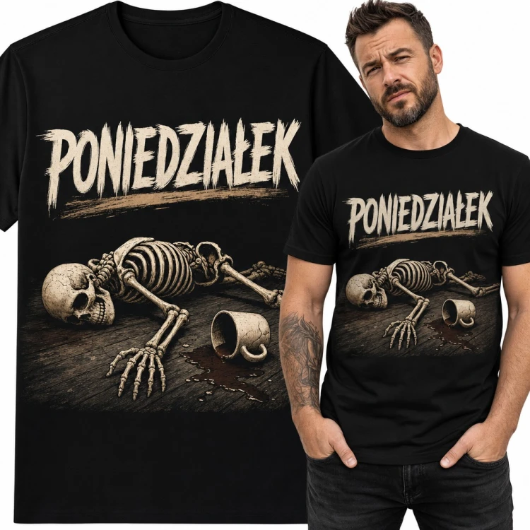 Koszulka męska „Poniedziałek” - szkielet z rozlaną kawą