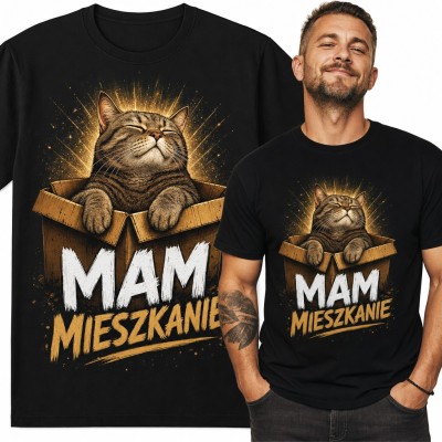 Koszulka męska z kotem w kartonie „Mam mieszkanie”
