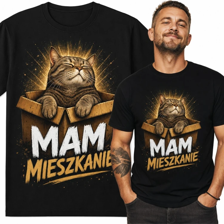 Koszulka męska z kotem w kartonie „Mam mieszkanie”