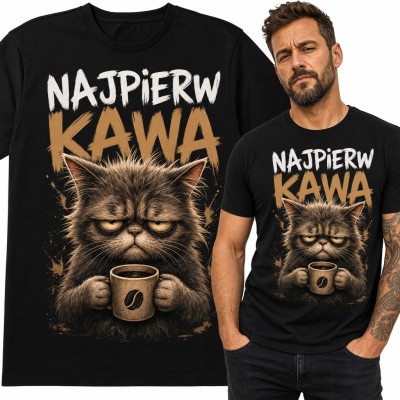 Koszulka męska „Najpierw kawa” - naburmuszony kot z kubkiem dla kawosza