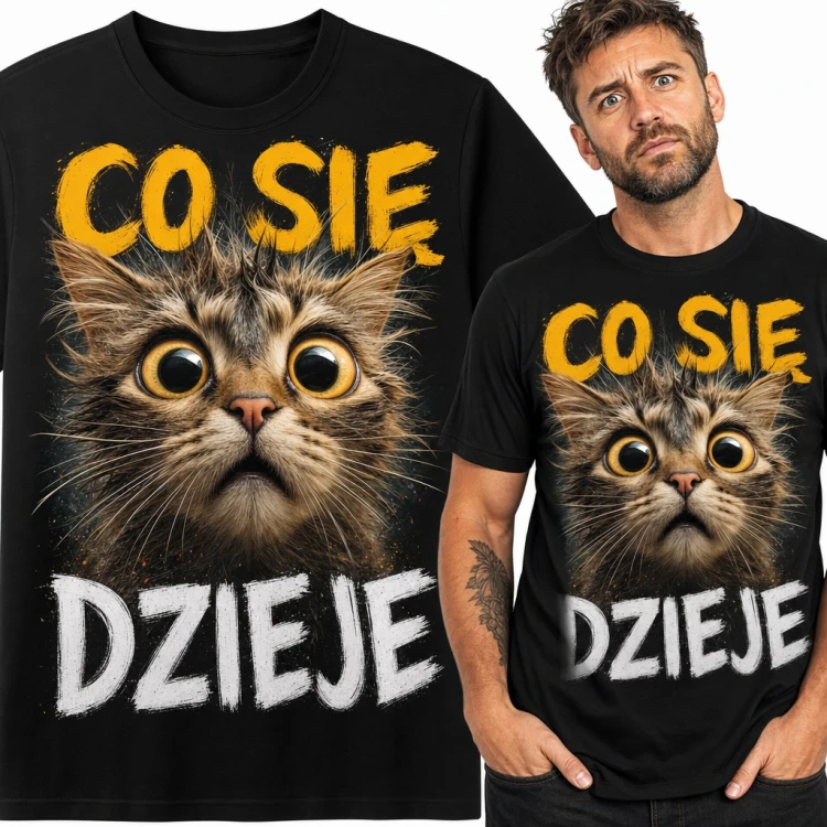 Koszulka męska „Co się dzieje” z zaskoczonym kotem - śmieszny mem dla kociarza