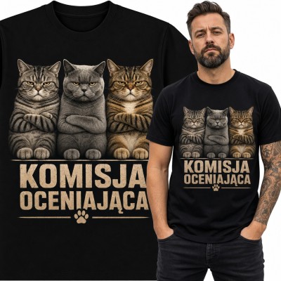 Koszulka męska z kotami „Komisja oceniająca” - trzy obrażone koty dla kociarza