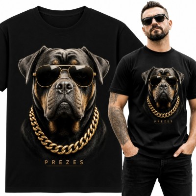 Koszulka męska „Prezes” - rottweiler w złotych okularach i łańcuchu