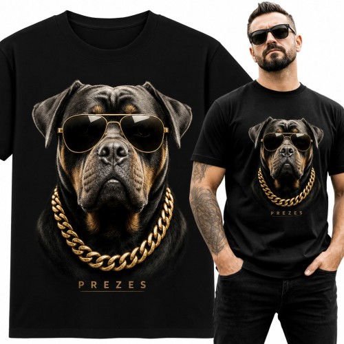 Koszulka męska „Prezes” - rottweiler w złotych okularach i łańcuchu