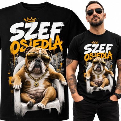 Koszulka męska „Szef osiedla” - buldog w złotych okularach na krześle
