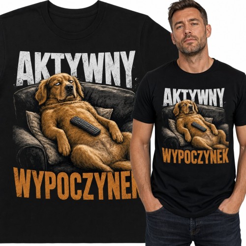 Koszulka męska „Aktywny wypoczynek” - leniwy pies na kanapie z pilotem