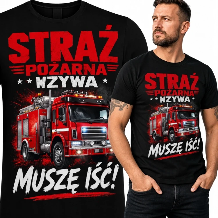 Koszulka męska dla strażaka z wozem strażackim „Straż pożarna wzywa - muszę iść!”