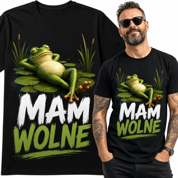 Koszulka męska „Mam wolne” - wyluzowana żaba na liściach lilii