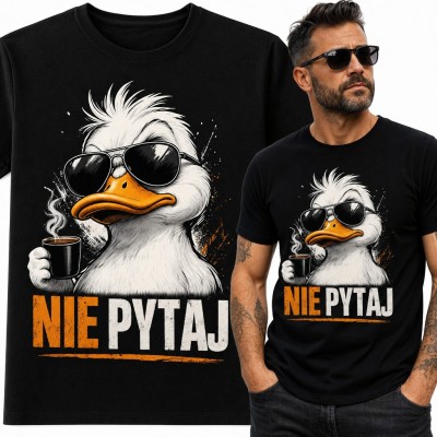 Koszulka męska kaczka w okularach z kawą „Nie pytaj”