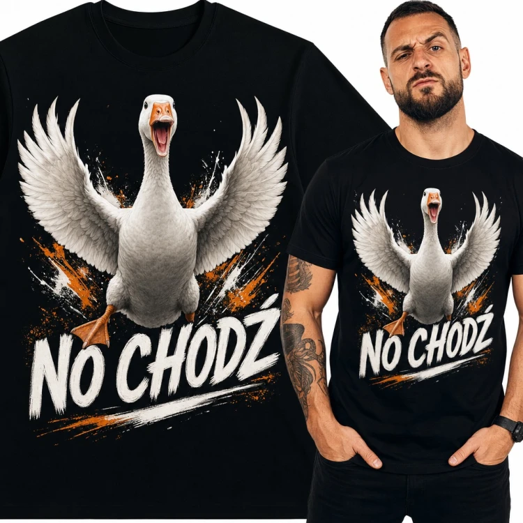 Koszulka męska z gęsią i napisem „No chodź” - zaczepna gęś
