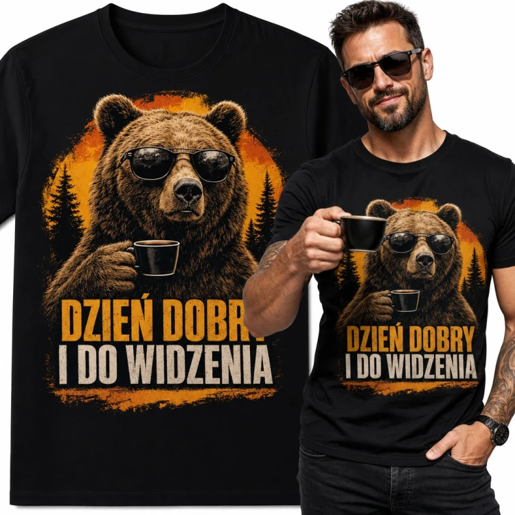 Koszulka męska „Dzień dobry i do widzenia” - niedźwiedź w okularach z kawą