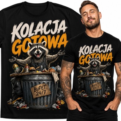 Koszulka męska szop pracz w fartuchu „Kolacja gotowa” - bufet 24/7 w śmietniku