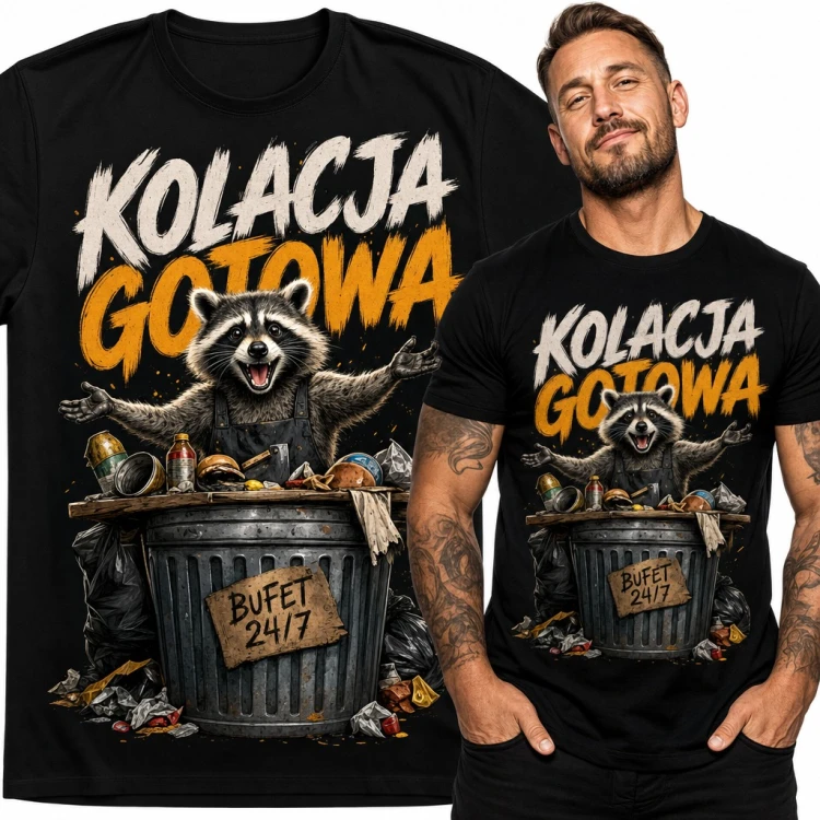 Koszulka męska szop pracz w fartuchu „Kolacja gotowa” - bufet 24/7 w śmietniku