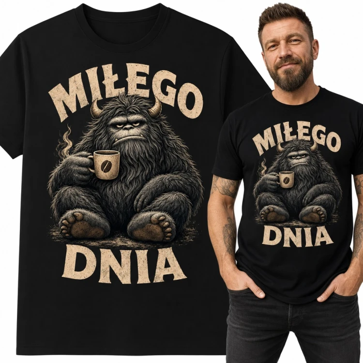 Koszulka męska „Miłego dnia” - zrzędliwy potwór z kawą