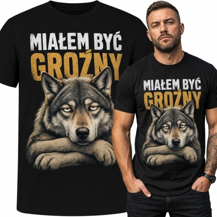 Koszulka męska ze zmęczonym wilkiem „Miałem być groźny”
