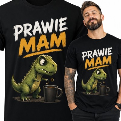 Koszulka męska z T-rexem sięgającym po kawę „Prawie mam”