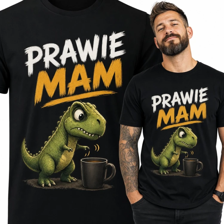 Koszulka męska z T-rexem sięgającym po kawę „Prawie mam”