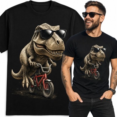 Koszulka męska z dinozaurem T-rex w okularach na rowerze