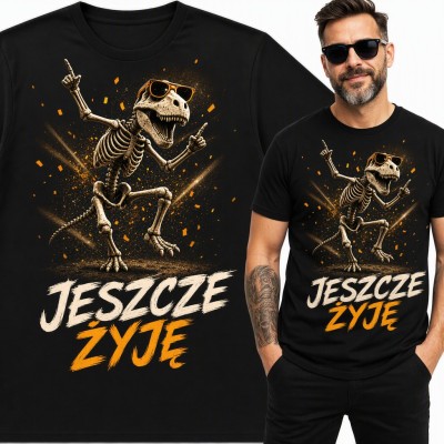 Koszulka męska „Jeszcze żyję” - tańczący szkielet T-rexa w okularach