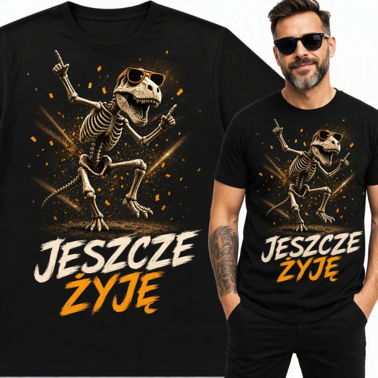 Koszulka męska „Jeszcze żyję” - tańczący szkielet T-rexa w okularach