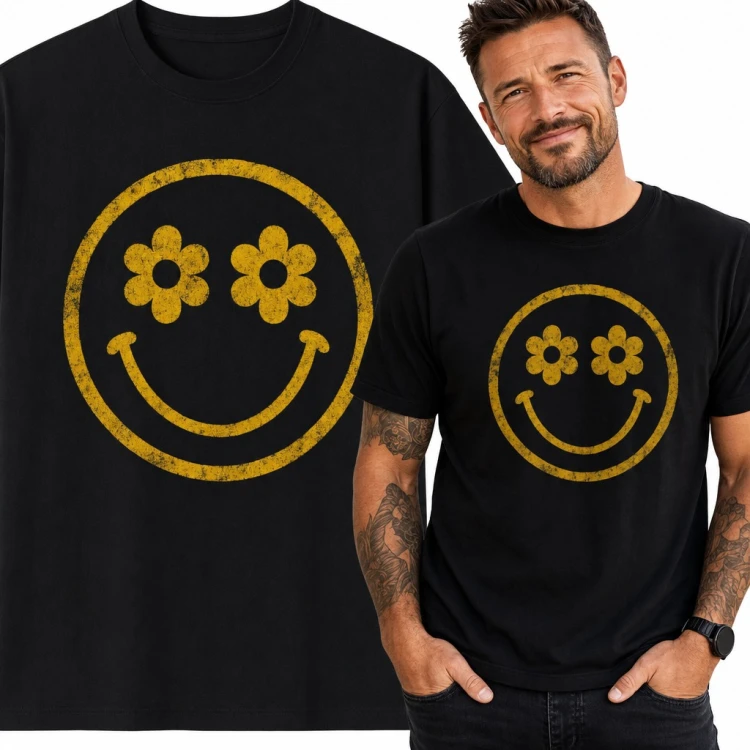Koszulka męska smiley z oczami w kwiatki - retro uśmiechnięta buźka