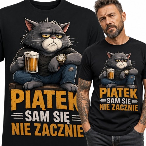 Koszulka męska z kotem i piwem „Piątek sam się nie zacznie”