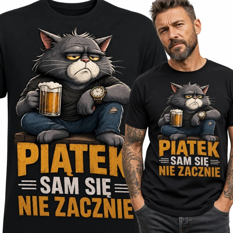 Koszulka męska z kotem i piwem „Piątek sam się nie zacznie”