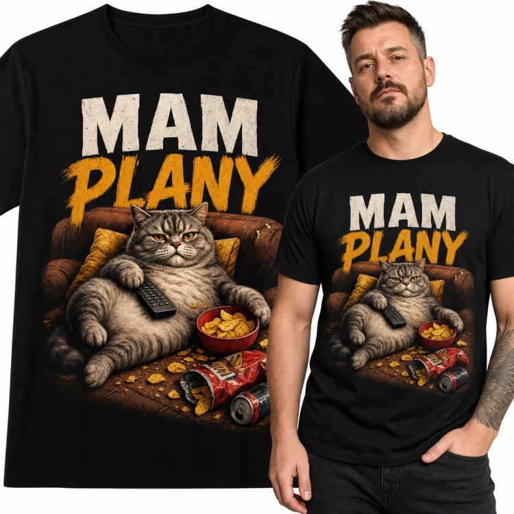Koszulka męska „Mam plany” - gruby kot na kanapie z pilotem i chipsami