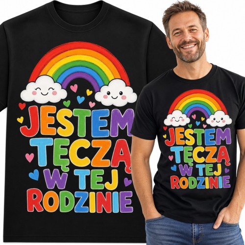 Koszulka męska „Jestem tęczą w tej rodzinie” - kolorowa tęcza z chmurkami