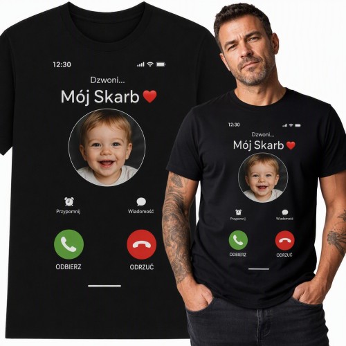 Koszulka męska „Dzwoni... Mój skarb” - ekran telefonu ze zdjęciem dziecka dla taty