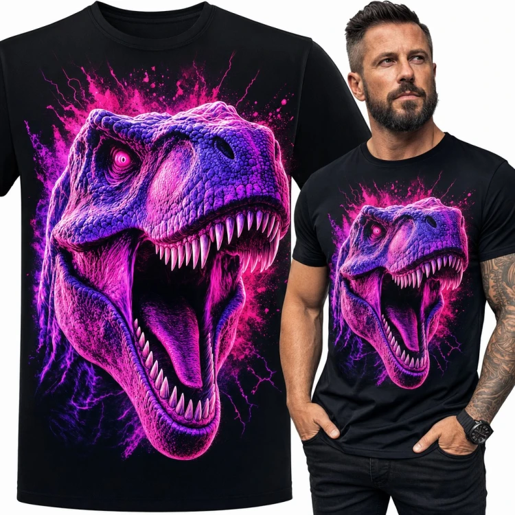Koszulka męska z tyranozaurem T-rex - neonowa rycząca paszcza w różu i fiolecie