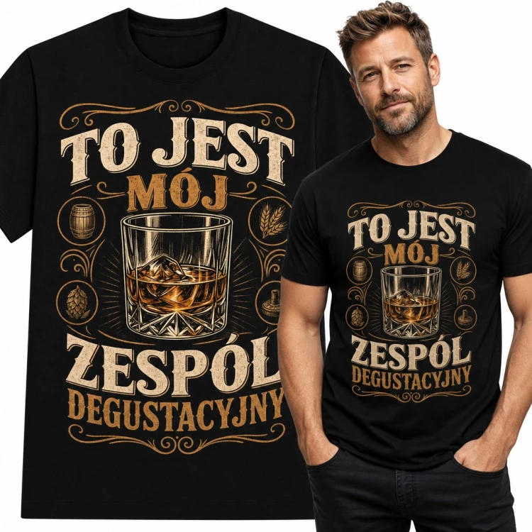 Koszulka męska „To jest mój zespół degustacyjny” - szklanka whisky dla konesera