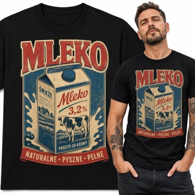 Koszulka męska „Mleko” - retro karton z krową 3,2%