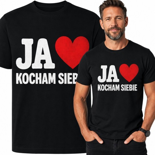 Koszulka męska z napisem „Ja ♥ kocham siebie” i czerwonym sercem