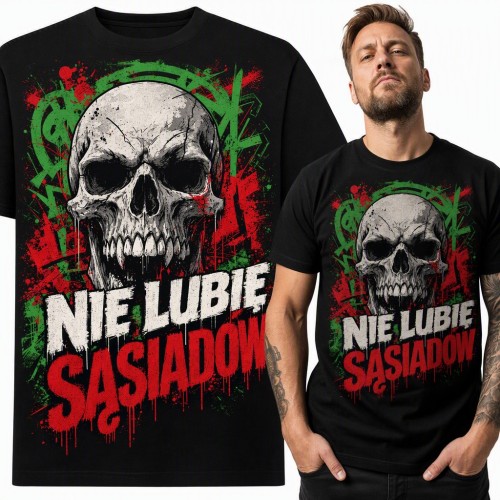 Koszulka męska z czaszką i napisem „Nie lubię sąsiadów” w stylu graffiti