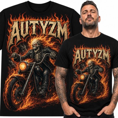 Koszulka męska „Autyzm” - płonący szkielet na chopperze dla motocyklisty