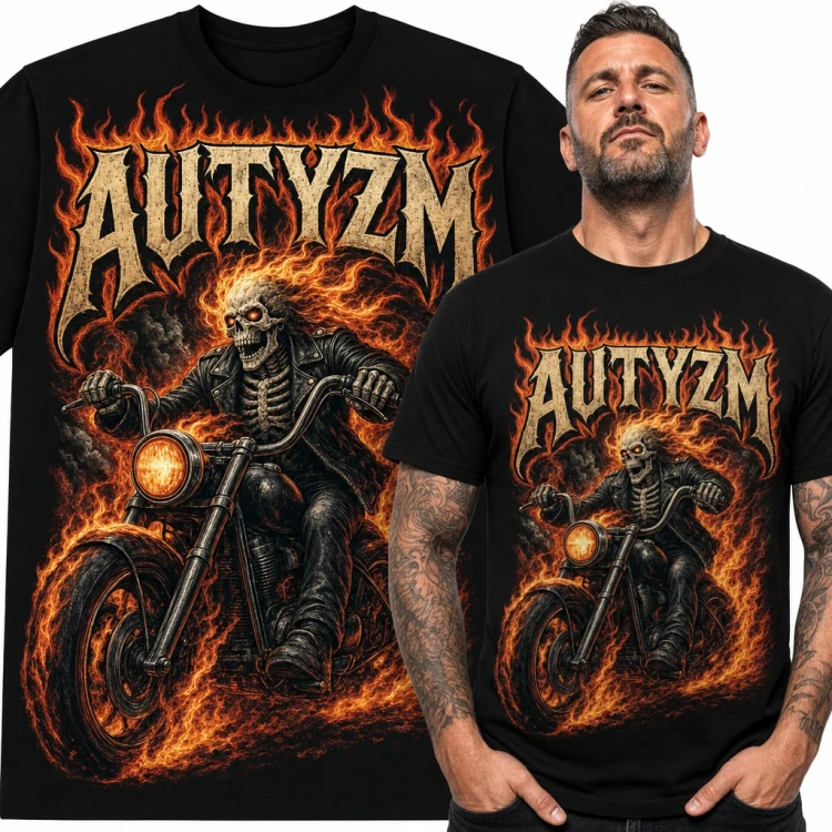 Koszulka męska „Autyzm” - płonący szkielet na chopperze dla motocyklisty