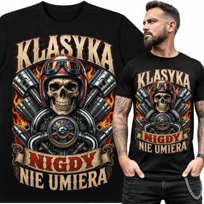 Koszulka męska z czaszką motocyklisty i silnikiem - „Klasyka nigdy nie umiera”