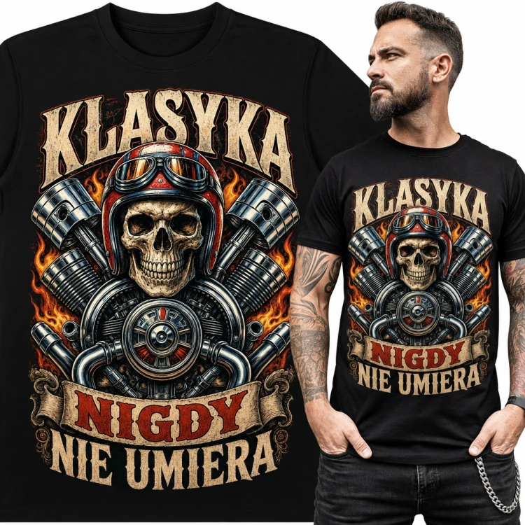 Koszulka męska z czaszką motocyklisty i silnikiem - „Klasyka nigdy nie umiera”