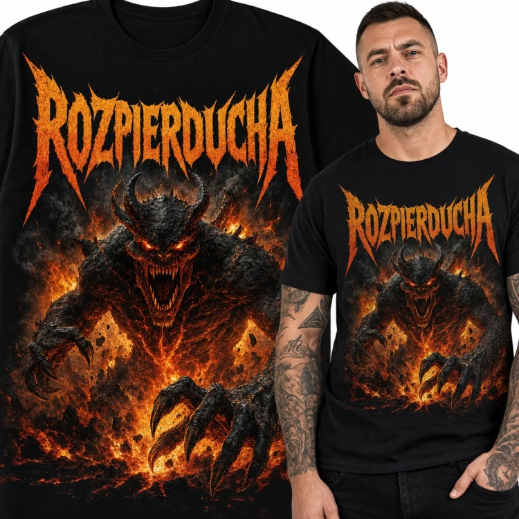 Koszulka męska „Rozpierducha” - ognisty demon z lawy w stylu metalowym