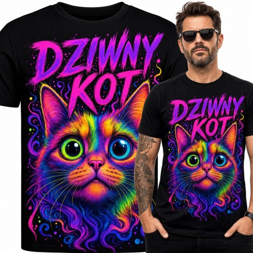 Koszulka męska „Dziwny kot” - neonowy kot z wielkimi oczami