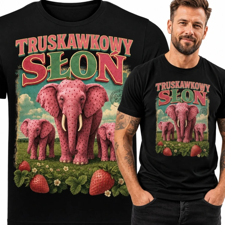 Koszulka męska „Truskawkowy słoń” - różowe słonie retro na łące z truskawkami