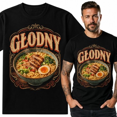 Koszulka męska „Głodny” z miską ramenu w stylu retro
