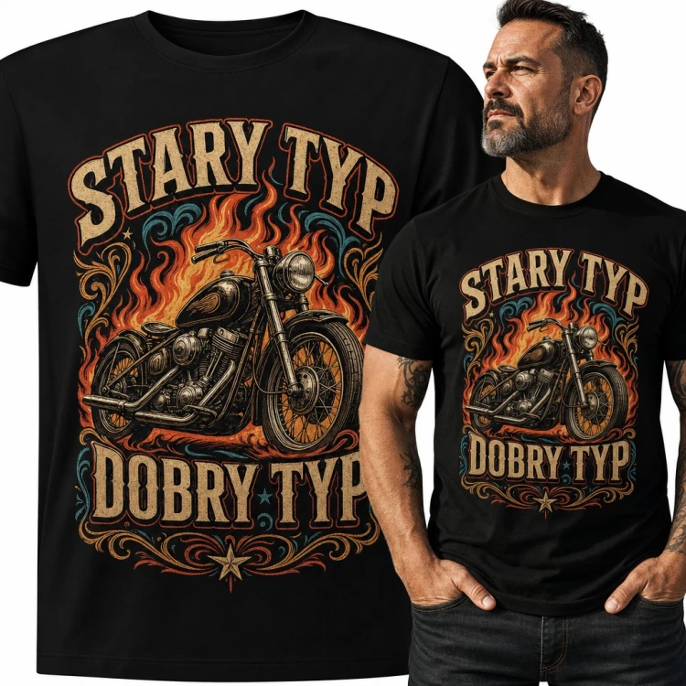 Koszulka męska „Stary typ dobry typ” - motocykl chopper w płomieniach dla motocyklisty